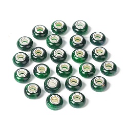 Dark Green Rondelle Resin European Beads, Large Hole Beads, Imitation Stones, with Silver Tone Brass Double Cores, Dark Green, 13.5x8mm, Hole: 5mm