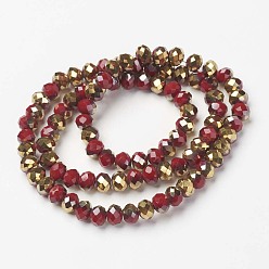 Dark Red Electroplate Opaque Glass Beads Strands, Half Golden Plated, Faceted, Rondelle, Dark Red, 8x6mm, Hole: 1mm, about 72pcs/strand, 16.14 inch(41cm)