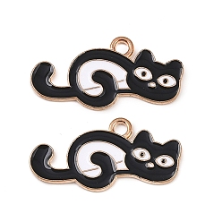 Черный Подвески из эмали и сплава, кот с музыкальной нотой, золотой свет, чёрные, 14x26x1.3 мм, отверстие : 2.2 мм