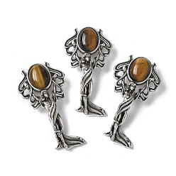 Тигровый глаз Подвески из натурального тигрового глаза в форме ангела из латуни, с целью перехода в кольце, античное серебро, 38x19.5x7.5~9.5 мм, отверстие : 2x6.5 мм