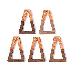 Темно-Оранжевый Подвески из непрозрачной смолы и орехового дерева, трапециевидные подвески, с блестящей пудрой и золотой фольгой, темно-оранжевый, 38x24.5x3 мм, отверстие : 2 мм