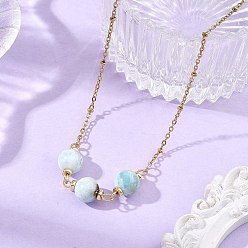 Golden Natural Larimar Round Beads Pendant 304 Stainless Steel Satellite Chain Necklace for Women, Golden, 16.30 inch(41.4cm)