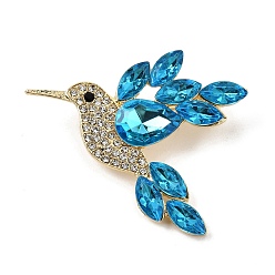 Indicolite Alloy Rhinestone Lapel Pin Brooches for Clothes, Hummingbird, Golden, Indicolite, 38x45mm
