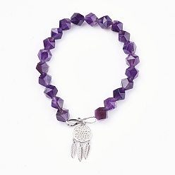 Amethyst Natural Amethyst Beads Charm Bracelets, with Brass Findings, Woven Net/Web with Feather, 2 inch(5.2cm), Pendant: 24x10.5x2mm