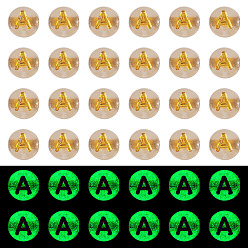 Letter A 50G Luminous Transparent Acrylic Beads, Flat Round with Letter, Glow in the Dark, Golden Metal Enlaced, Letter A, 7x4mm, Hole: 1.8mm, about 370pcs/50g