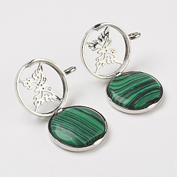 Малахит Синтетического малахита подвески, С выводами медальона из медных рассеивателей, плоские круглые с бабочкой, 31x26x8 мм, отверстие : 4 мм