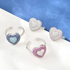 Mixed Color Heart Brass Micro Pave Cubic Zirconia Cuff Open Rings for Women, Cadmium Free & Lead Free, Rack Plating, Platinum, Mixed Color, 18mm