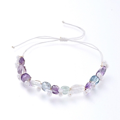 Fluorite Adjustable Natural Fluorite Braided Bead Bracelets, with Glass Beads and Nylon Thread,  Inner Diameter: 1-1/8 inch~2-1/2 inch(2.8~6.5cm)