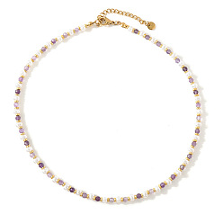 Golden White Faux Pearl and Natural Amethyst Faceted Round Beaded Necklaces with 304 Stainless Steel End Chains for Women, Golden, 15.75 inch(40cm)