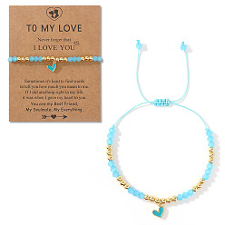 Голубой Браслеты с подвесками в виде сердечек из латуни с эмалью, Браслеты из плетеных бусин из стекла и латуни для женщин, золотые, с открытки, голубой, 11.02 дюйм (28 см)