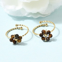 Тигровый глаз Регулируемые кольца-манжеты из нержавеющей стали с натуральным тигровым глазом, цветок, ионное покрытие (ip), реальный 304 k позолоченный, 18 мм