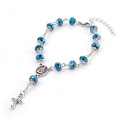 Blue Plated Electroplate Glass Charm Bracelets, with Metal Findings, Cross & Oval with Goddess, Blue Plated, 8-1/8 inch(20.5cm), 8mm
