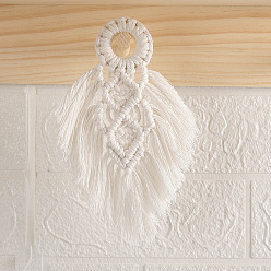 Floral White Cotton Rope Macrame Woven Tapestry Wall Hanging, Boho Style Hanging Ornament with Wood Ring Holder, for Home Decoration, Floral White, 170mm