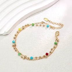 Разноцветный Модные двухслойные регулируемые женские браслеты на щиколотку из латуни и граненого стекла в винтажном стиле, реальный 18 k позолоченный, красочный, 8-1/4 дюйм (210 мм)