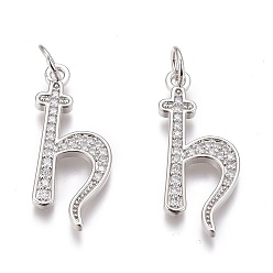 Real Platinum Plated Brass Micro Pave Clear Cubic Zirconia Pendants, Long-Lasting Plated, Letter H, Real Platinum Plated, 22.5x11x2mm, Hole: 3mm