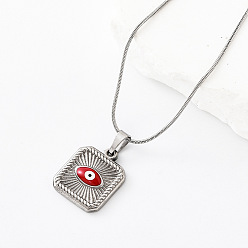 Red 304 Stainless Steel Enamel Evil Eye Square Pendant Necklaces for Men Women, Stainless Steel Color, Red, 15.75 inch(40cm)