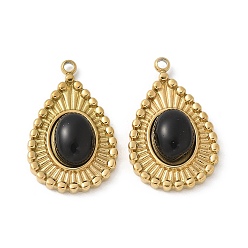 Настоящее золото 18K 304 подвески из нержавеющей стали, слезинки, с черным агатом, ионное покрытие (ip), реальный 18 k позолоченный, 21x13.5x5.5 мм, отверстие : 1.5 мм