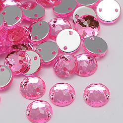 Ярко-Розовый Шить на горный хрусталь, Тайвань акриловые горный хрусталь, два отверстия, аксессуары для одежды, граненые, полукруглые / купольные, ярко-розовый, 15x5 мм, отверстие: 1 мм