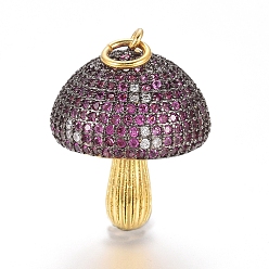Черный Цвет Металла & Золотой Латунные микро проложить кубического циркония подвески, с прыжковых колец, грибы, темно-розовыми, металлический черный & золотой, 21x16 мм, отверстие : 2.4 мм