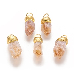 Citrine Raw Rough Natural Citrine Pendants, with Golden Plated Brass Findings, Nuggets, 39~47x12~17x11~15mm, Hole: 5~6x7~8mm