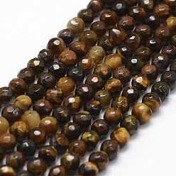 Тигровый глаз Граненые натуральные тигровые глазки, круглые, 4.5 мм, отверстие : 0.5 мм, около 87 шт / нитка, 14.5 дюйм