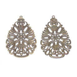 Antique Bronze Iron Pendants, Etched Metal Embellishments, teardrop, Antique Bronze, 68x39x1mm, Hole: 1.5~2mm