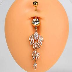 Лист 304 Кольца для живота в форме изогнутой штанги из нержавеющей стали с прозрачным кубическим цирконием, золотые, лист, 60 мм