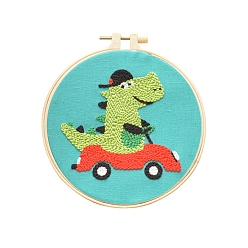 Dinosaur Animal Theme DIY Display Decoration Punch Embroidery Beginner Kit, Including Punch Pen, Needles & Yarn, Cotton Fabric, Threader, Plastic Embroidery Hoop, Instruction Sheet, Dinosaur, 155x155mm