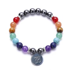 Colorful Alloy OM Symbol Charm Chakra Round Gemstone Beaded Stretch Bracelets, Platinum, Colorful, 7.28 inch(18.5cm)