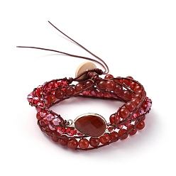 Carnelian Faceted Glass & Natural Carnelian(Dyed & Heated) Beaded Wrap Bracelets, with Cowhide Leather Cord and Burlap, Teardrop, 570x7mm