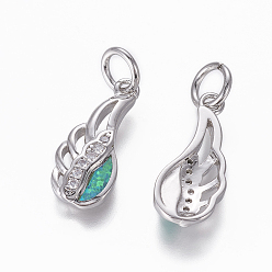 Зеленый Латуни циркония кубической подвески, с синтетическим опалом, крыло, платина, зелёные, 18.5x8x2.5 мм, отверстие : 4 мм