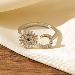 Серебро Браслет-манжета из латуни с микропаве и прозрачными кубическими циркониями для пары., луна с солнцем, серебряные, размер США 4 1/4 (15~20 мм)