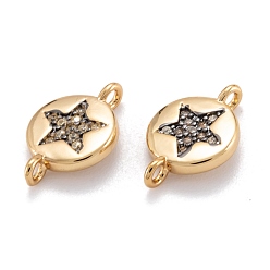 Настоящее золото 18K Латунные микропейв прозрачные кубические циркониевые бусины звенья соединители, долговечный, плоские круглые со звездой, реальный 18 k позолоченный, 13x8x3 мм, отверстие : 1.4 мм