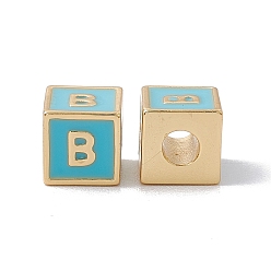 Letter B Стойки покрытие латунь эмаль бисер, без кадмия, без никеля и без свинца, реальный 18 k позолоченный, куб с письмом, голубой, letter.b, 6x6x6 мм, отверстие : 2.5 мм