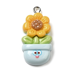 Gold Opaque Resin Pendants, with Platinum Plated Iron Loops, Sunflower Charms, Gold, 31x15x7mm, Hole: 2mm
