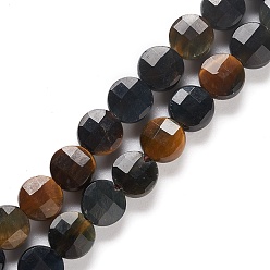 Œil De Tigre Brins de perles en œil de tigre bleu naturel (teints et chauffés), teint, facette, plat rond, 6x3~3.5mm, Trou: 1mm, Environ 75 pcs/chapelet, 15.39'' (39.1 cm)
