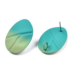 Dark Cyan Spray Painted Iron Stud Earring Findings, with Vertical Loops, Twist Oval, Dark Cyan, 28x20mm, Hole: 3.5mm, Pin: 0.7mm