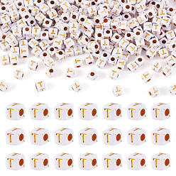 Letter T Непрозрачные акриловые бусины, с металлическим обрамлением, кубические, Письмо T, 4.5x4.5x4.5 мм, отверстие : 2 мм