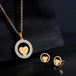 Сердце Кольцо 201 ожерелья и серьги-гвоздики из нержавеющей стали с кристаллами и стразами, золотые, сердце, 450 мм