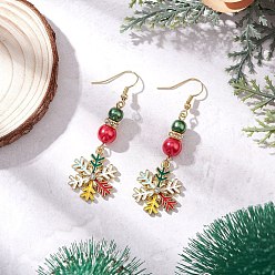 Разноцветный Серьги-подвески из эмалевого сплава с рождественскими снежинками, со стеклянной имитацией жемчуга, золотые, красочный, 62.5x19.5 мм