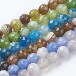 Mixed Color Faceted Round Dyed Natural Striped Agate/Banded Agate Beads Strands, Mixed Color, 8mm, Hole: 1mm, about 48pcs/strand, 15 inch
