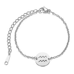 Aquarius Tarnish Resistant 201 Stainless Steel Link Bracelets, with Cable Chains and Lobster Claw Clasps, Flat Round with Constellation, Aquarius, 6 inch~6-3/4 inch(15~17.5cm), 1.5mm
