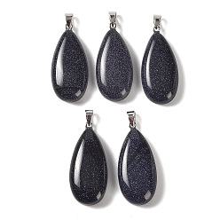 Blue Goldstone Synthetic Blue Goldstone Pendants, with 304 Stainless Steel Snap on Bails, Teardrop Charm, 44x20x9mm, Hole: 7x4mm