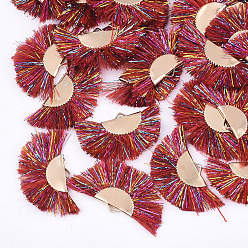 Brown Polyester Tassel Pendants, with Metallic Cord and Iron Findings, Fan Shape, Golden, Brown, 17~20x30~34x2.5mm, Hole: 3x1mm