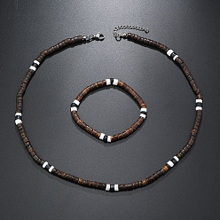 Кокосово-Коричневый Комплекты ожерелий и браслетов из скорлупы кокоса в стиле бохо с синтетической бирюзой в форме ронделей, кокосового коричневый, 400~500 мм