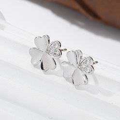 Платина Серьги-гвоздики из латуни в форме клевера, с четким кубического циркония, без свинца и без кадмия, долговечный, стойки покрытие, платина, 9x9 мм