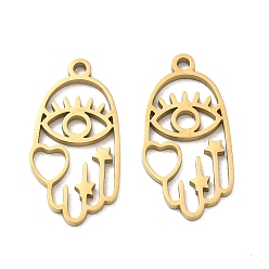 Real 18K Gold Plated 304 Stainless Steel Pendants, Hamsa Hand & Heart & Evil Eye Charms, Cut-Out, Ion Plating(IP), Real 18K Gold Plated, 23x11x1.3mm, Hole: 1.5mm
