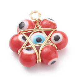 Red Handmade Lampwork Pendants, with Handmade Evil Eye Lampwork Round Bead and Eco-Friendly Copper Wire Copper Beading Wire, Red, 22.5x18x6mm, Hole: 3mm