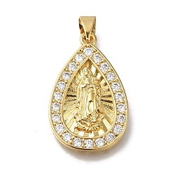 Teardrop Покрытие стойки латунь микропаве прозрачные подвески из кубического циркония, долговечный, без кадмия и без свинца, прелести девы марии, реальный 18 k позолоченный, слеза, 25.5x16.5x2.5 мм, отверстие : 3.5x4 мм