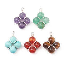 Silver 5Pcs 5 Styles Copper Wire Wrapped Natural & Synthetic Mixed Stone Pendants, Flower Charms, Silver, 20x15x6mm, Hole: 2mm, 1pc/style